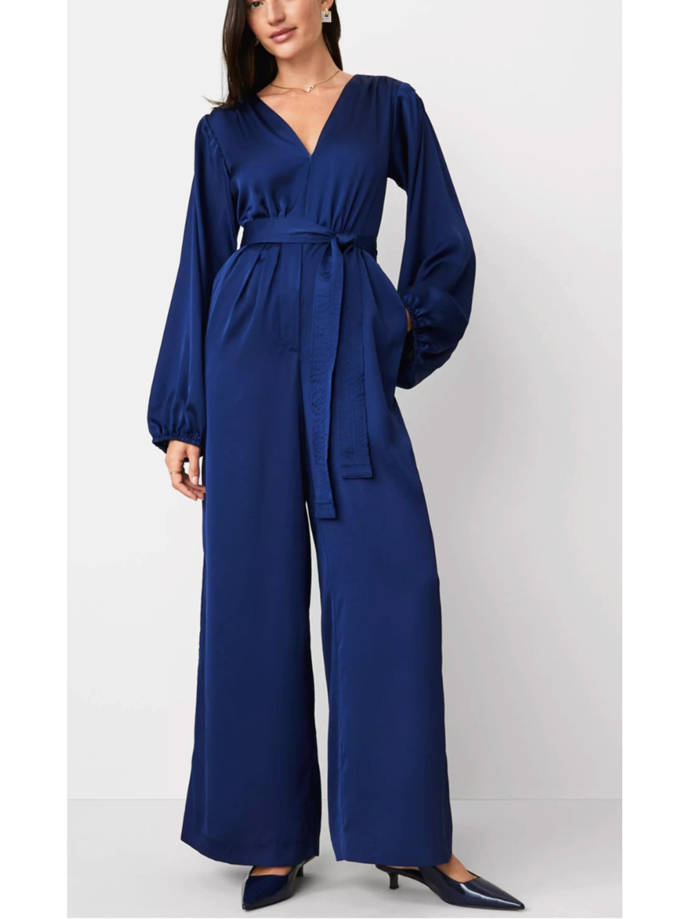 NEW ANN TAYLOR DARK DEEP OCEAN PETITE V-NECK LONG SLEEVE JUMPSUIT SZ 12P
